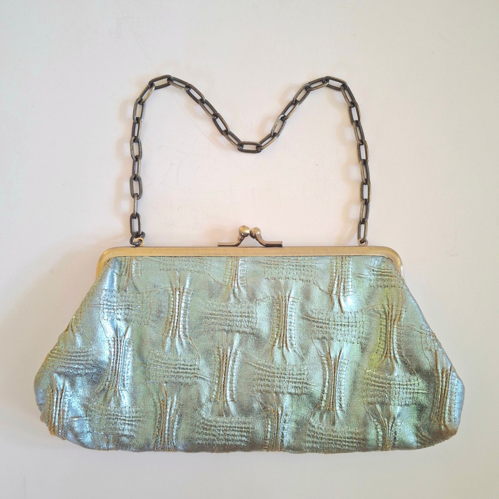 Y2K Vintage Kenneth Cole Reaction Metallic Teal Kiss Lock Clutch Chain Bag - Picture 6 of 8